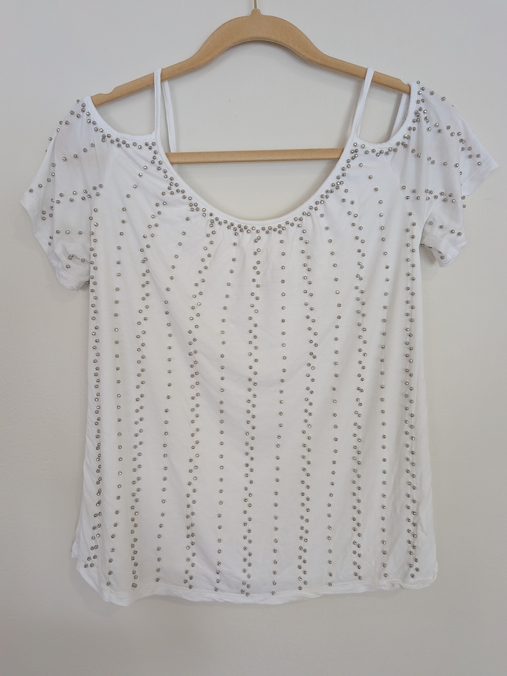 INC International Concepts White Silver Studded Cold Shoulder Scoop Neck Blouse
